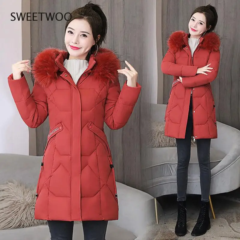 2020 New Winter Jacket Women Coat Fur Collar Hooded Thick Parkas Warm Cotton Padded Jacket Female Long Parka Outwear