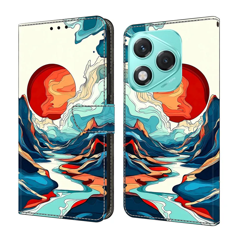 Leather Etui Phone Case - Magnetic Wallet Flip Cover with Painted Flower and Deer Design