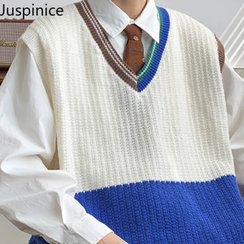 Japanese Style Color-blocked V-neck Knitted Vests Men's Loose Casual High Street Personality Sleeveless Sweaters Male Clothes