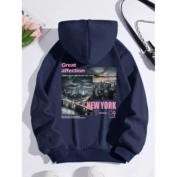 2025 موضة نيويورك دريم سيتي مطبوعة هوديي الرجال النساء عادية العصرية الصوف مع جيوب نمط رياضي فضفاض الشارع الشهير 2