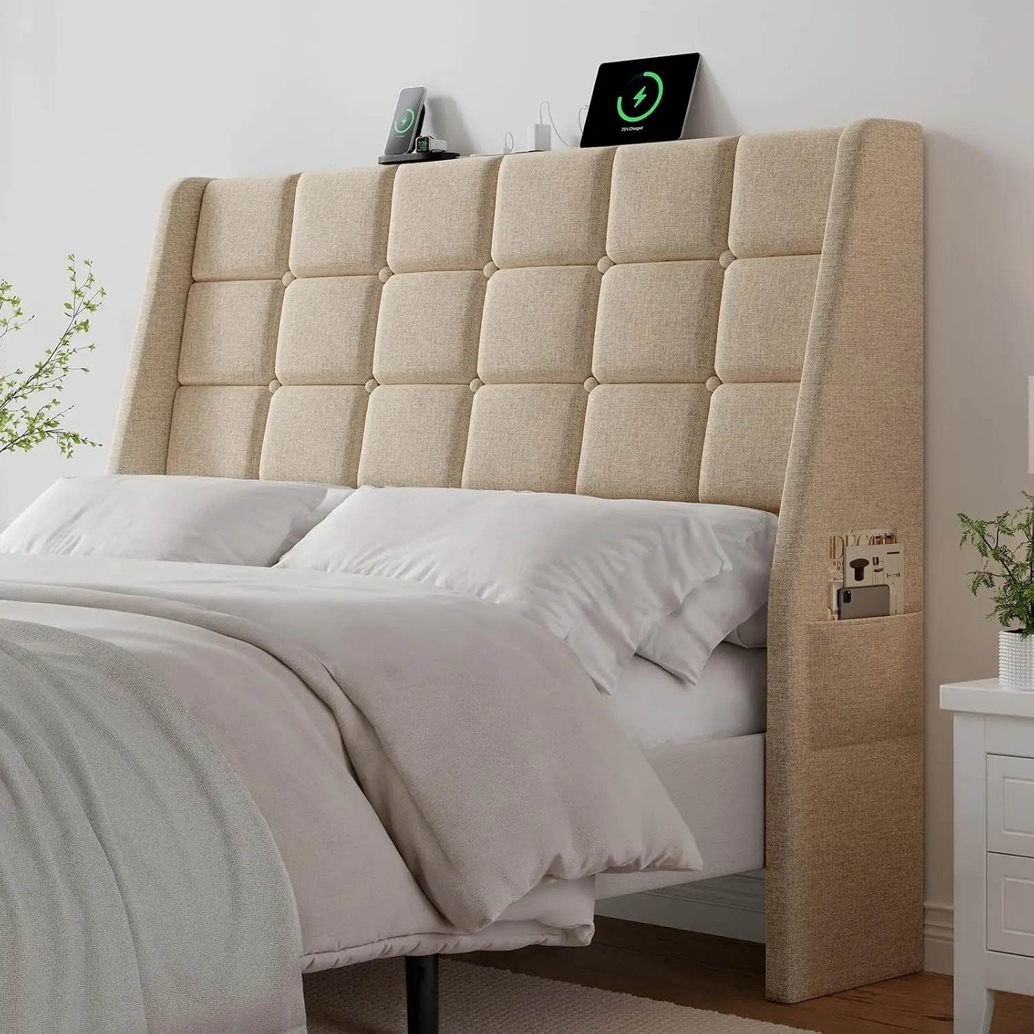 Ergonomic Upholstered Full Size Headboard w/Charging Station, Linen Wingback Headboards w/Storage Pocket, Full Headboard Only