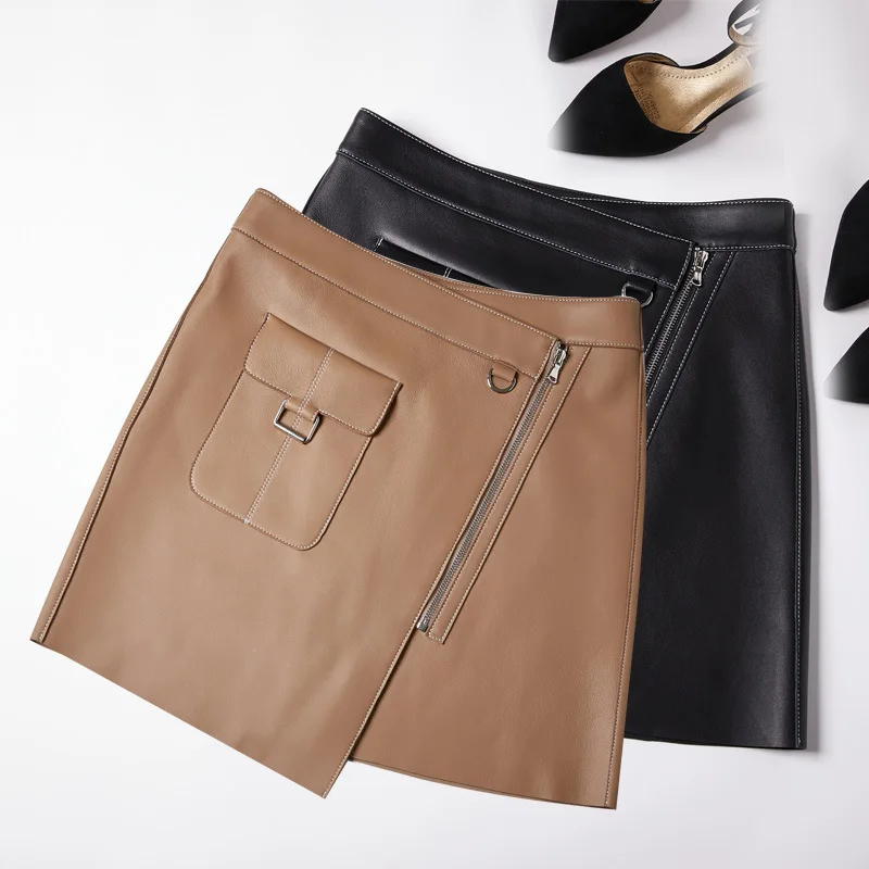 

Genuine Leather 2021 New Leather Skirt Women's Leather Skirt Sheepskin Skirt Fashion High Waist A-line Slim Bag Hip Skirt.