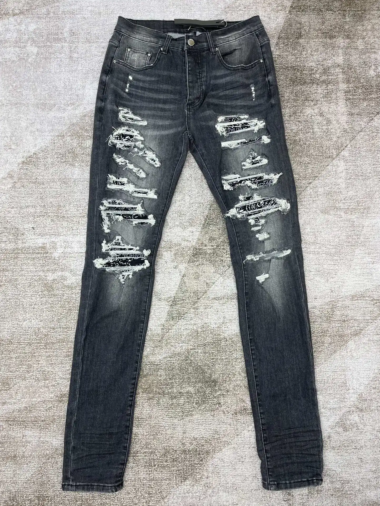 

AM Men's Jeans 2024 Streetwear Fashion Brand Ripped Cashew Patchwork Design Slim Denim Trousers Hip Hop Style Male Pencil Pants