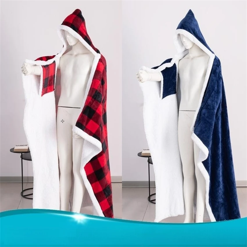 

Nordic-style Flannel Solid Color Cloak Winter Double-layer Thickened Warm Wearable Lazy Blanket Adult Hooded Casual Blanket