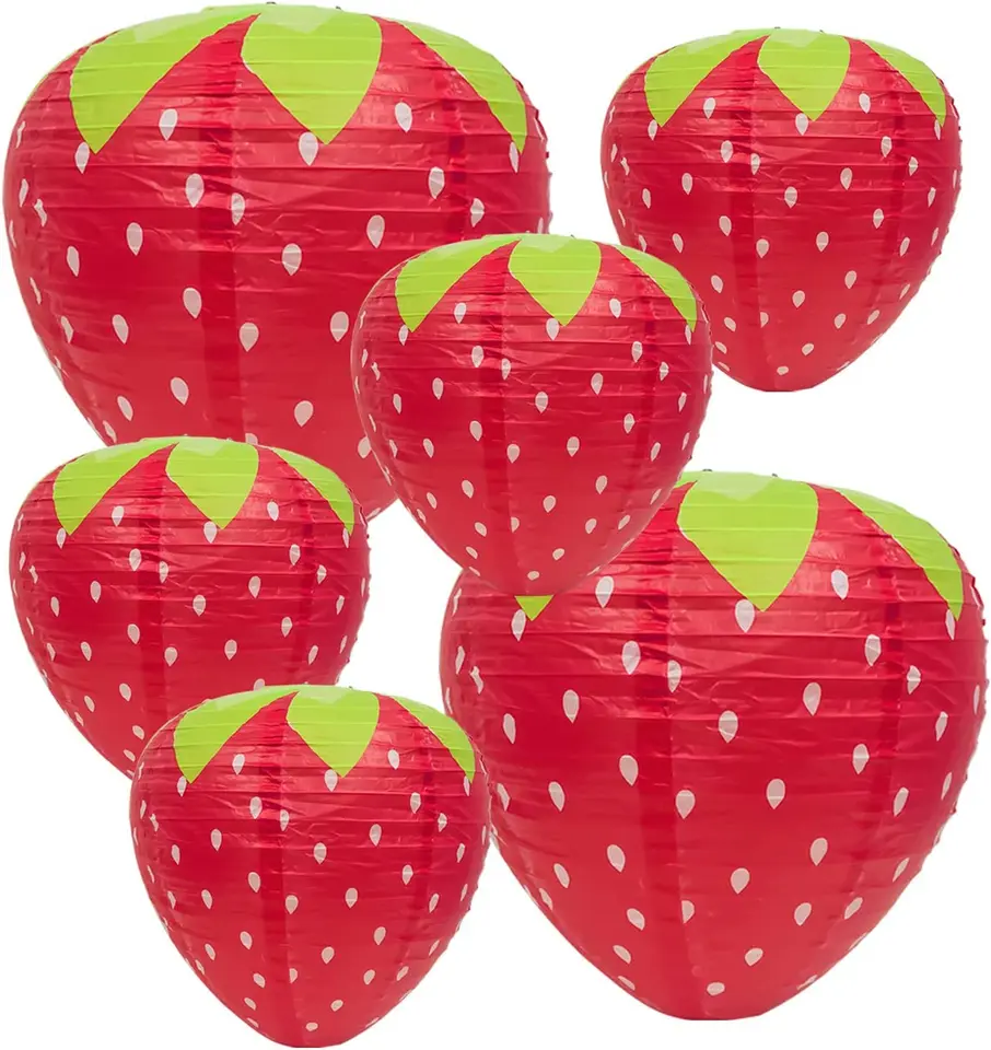 Cute 3D Strawberry Paper Lanterns - Pack Of 6, Fruit Theme Party Decor For Baby Shower & Birthday