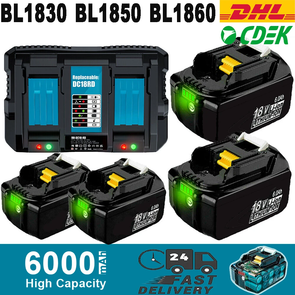 Bl1850 Batteria Di Ricambio 18V 6.0Ah + Caricatore 6A 9A 7.2V ~ 18V Per Makita Bl1815 Bl1830 Bl1840 Bl1850 Lxt400 Dc18Ra Dc18Rc