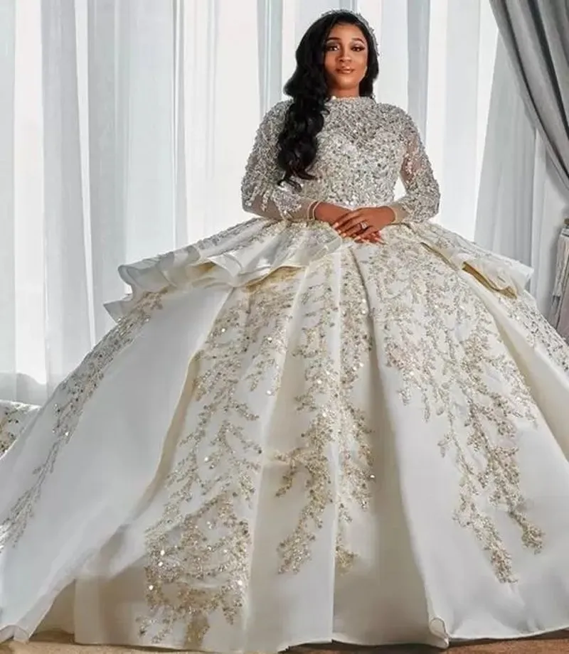 

2022 Arabic Aso Ebi Wedding Dresses Luxurious Long Sleeves Sequin Beads Puffy Train Princess Bridal Gowns Vestidos De Noiva