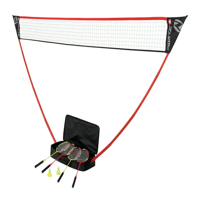 

Portable Badminton Set with Freestanding Base Sets Up on Any Surface in Seconds. No Tools or Stakes Required