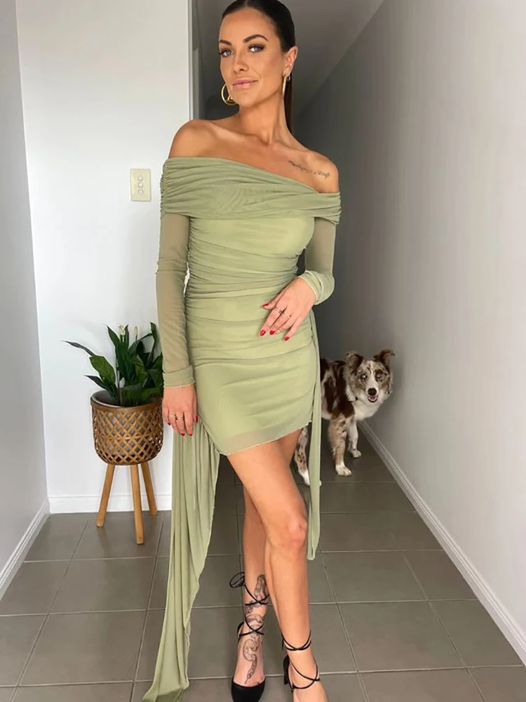 JULISSA MO Sexy Off Shoulder Bandage Women Dress Long Sleeve High Waist Ruched Dress Female Summer Skinny Elegant Prty Clubwear