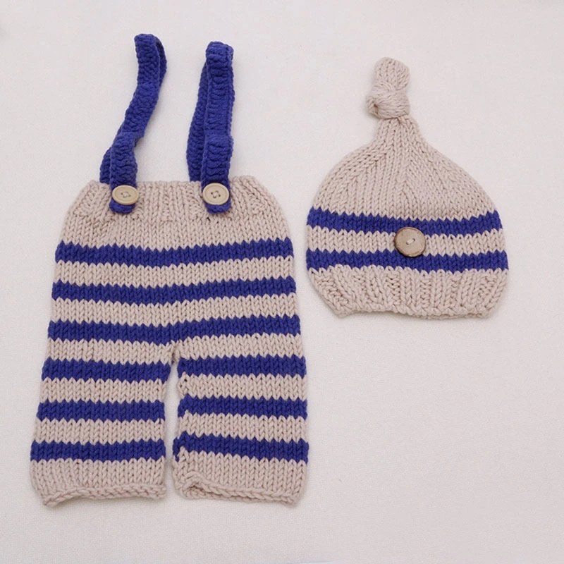 

97BE Newborn Girls Boys Photography Prop Crochet Knit Overall Pants and Hat 2pcs Sets