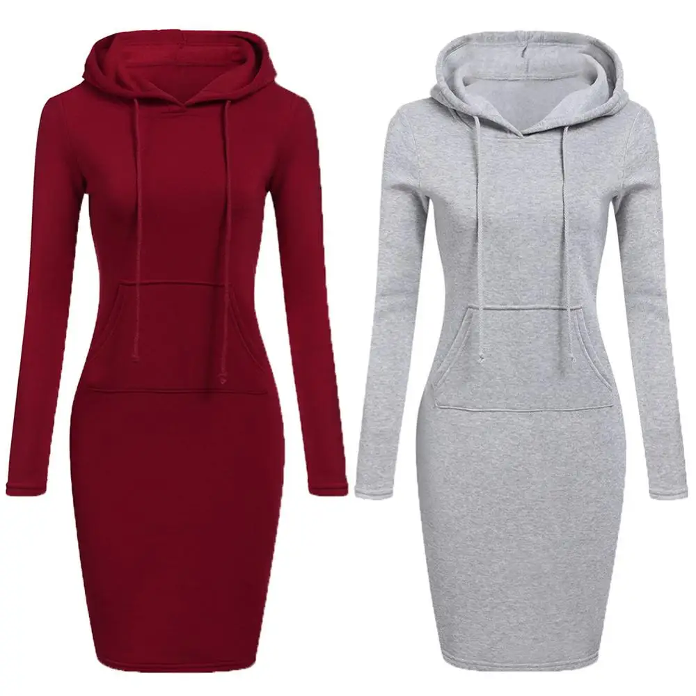 

Casual Solid Color Dress Long Sleeve Bodycon Hoodies Women Hooded Knee Length Dress vestido robe femme платье женское