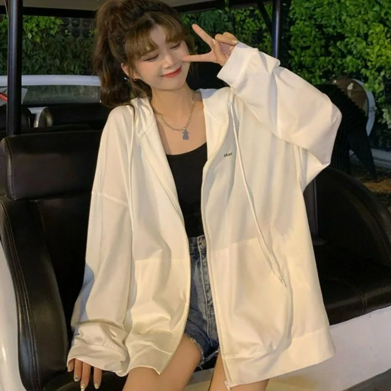 

Breathable Ice Silk Sunscreen Clothing for Schoolgirl, Loose White Versatile Zipper Jacket, Thin, New Fashion, 2023