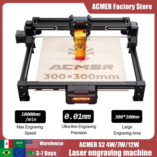 Graveur laser Acmer S2 12/7/4W, zone de travail 300x300mm, machine CNC LightBurn compatible pour le bois/le cuir/la fabrication de cadeaux, Plug & Play 1