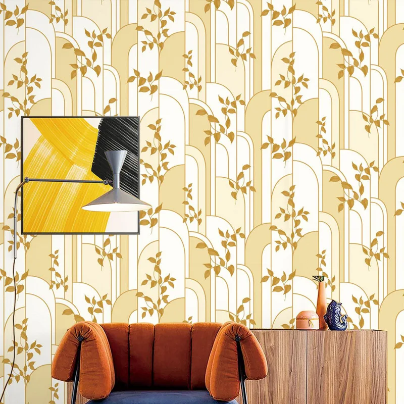 

Papel De Parede 3D Wallpaper Gold Leaves Living Room TV Sofa Background Wall Home Decor Mural Geometric Arc Line Wallpapers