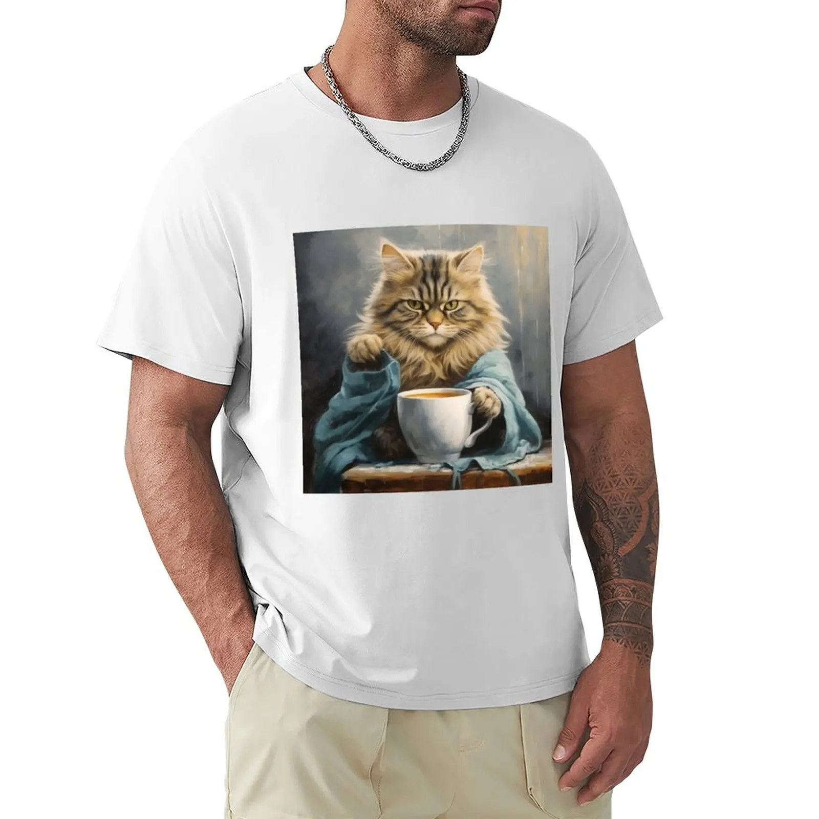 

Coffee Drinking Cat T-Shirt korean fashion blanks mens t shirt graphic