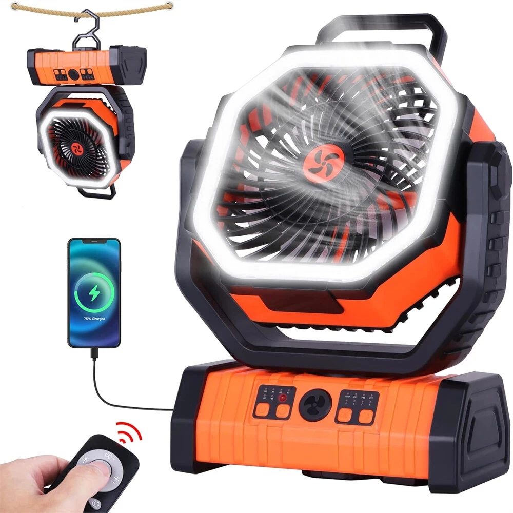 Draagbare, oplaadbare bureau-/campingventilator met 20000mAh-batterij, LED-verlichting en haak, voor gebruik in de tent of auto._voghion.com