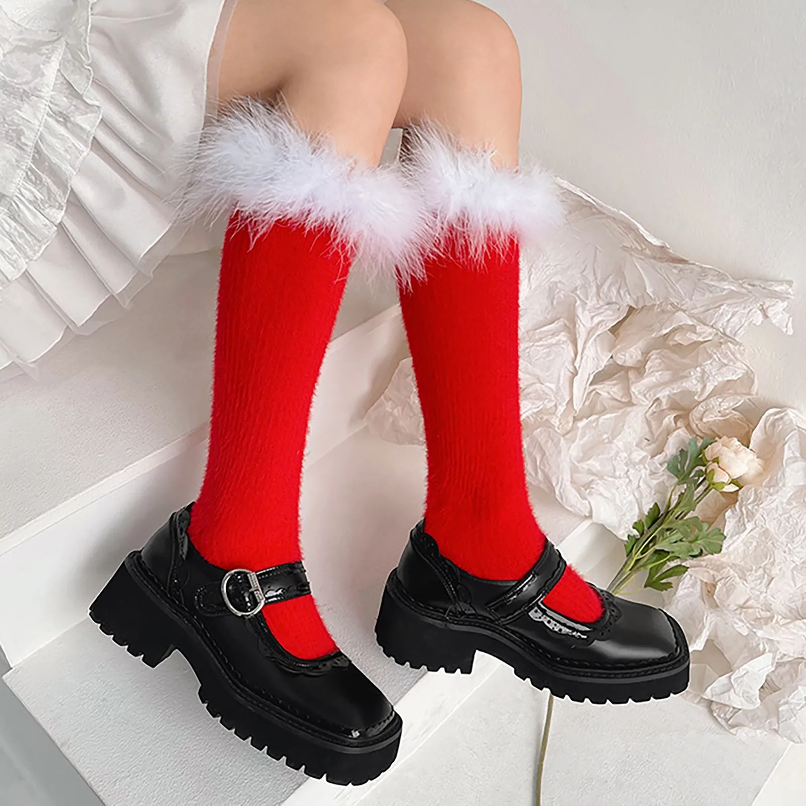 

Christmas Women Feather Long Socks Cotton Knee High Socks Lovely Furry Feather Trim Patchwork Leg Warmer Cosplay Boots Stockings