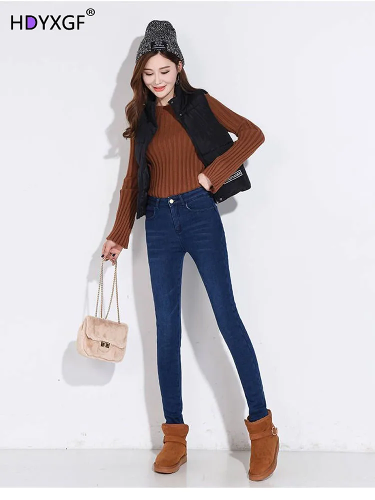 

High Waist Stretch Slim Denim Pencil Pants Korean Fashion Thicken Big Size 34 Women Jeans Winter Warm Fleece Lined Lamb Pant New