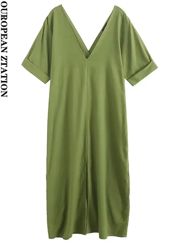 

PAILETE Women 2023 fashion pleated midi dress sexy v neck short sleeve female dresses vestidos mujer