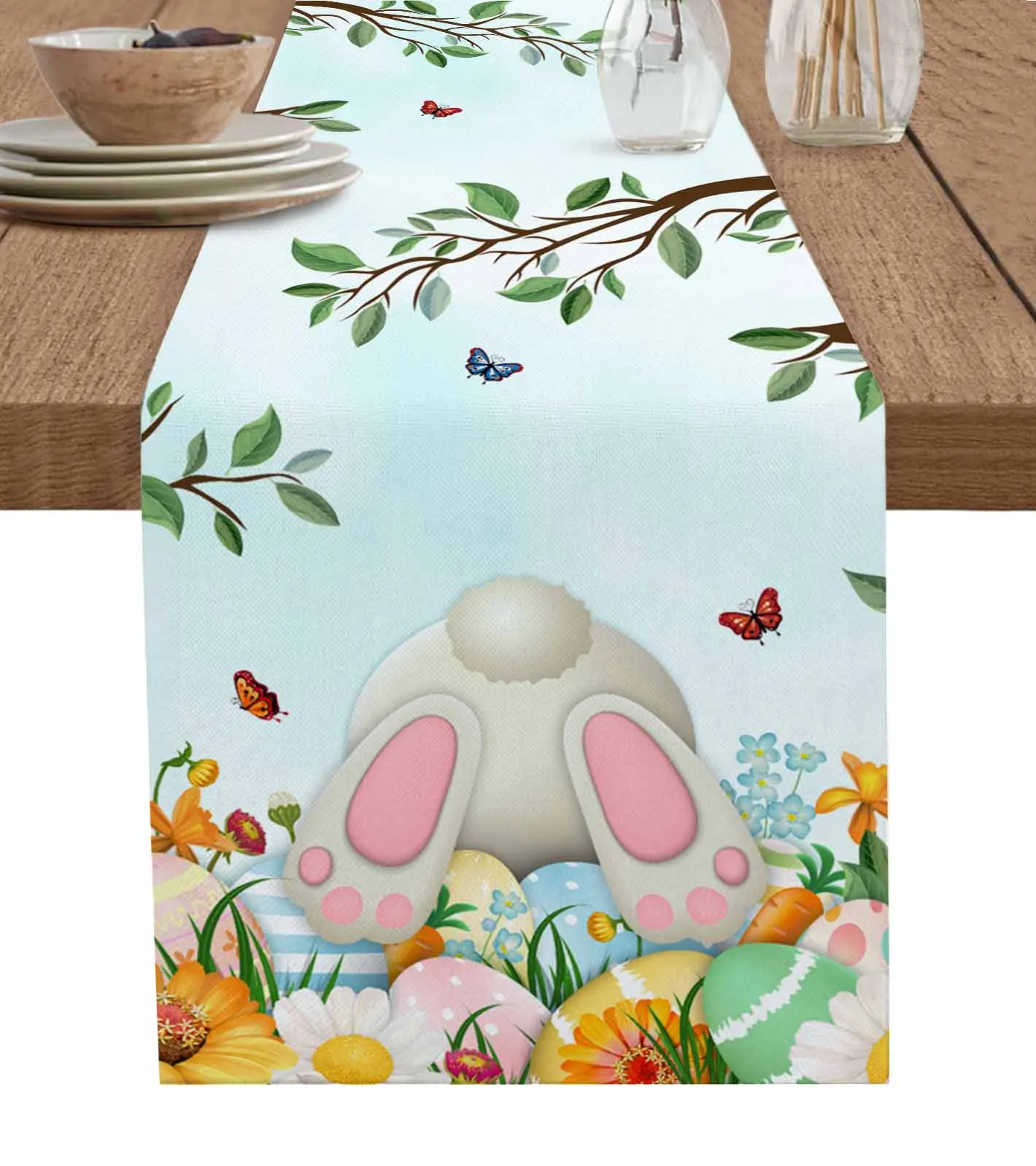 

Easter Eggs Bunny Butt Flowers Leaves Table Runner Wedding Decor Table Runner Holiday Dining Table Decor Linen Tablecloth