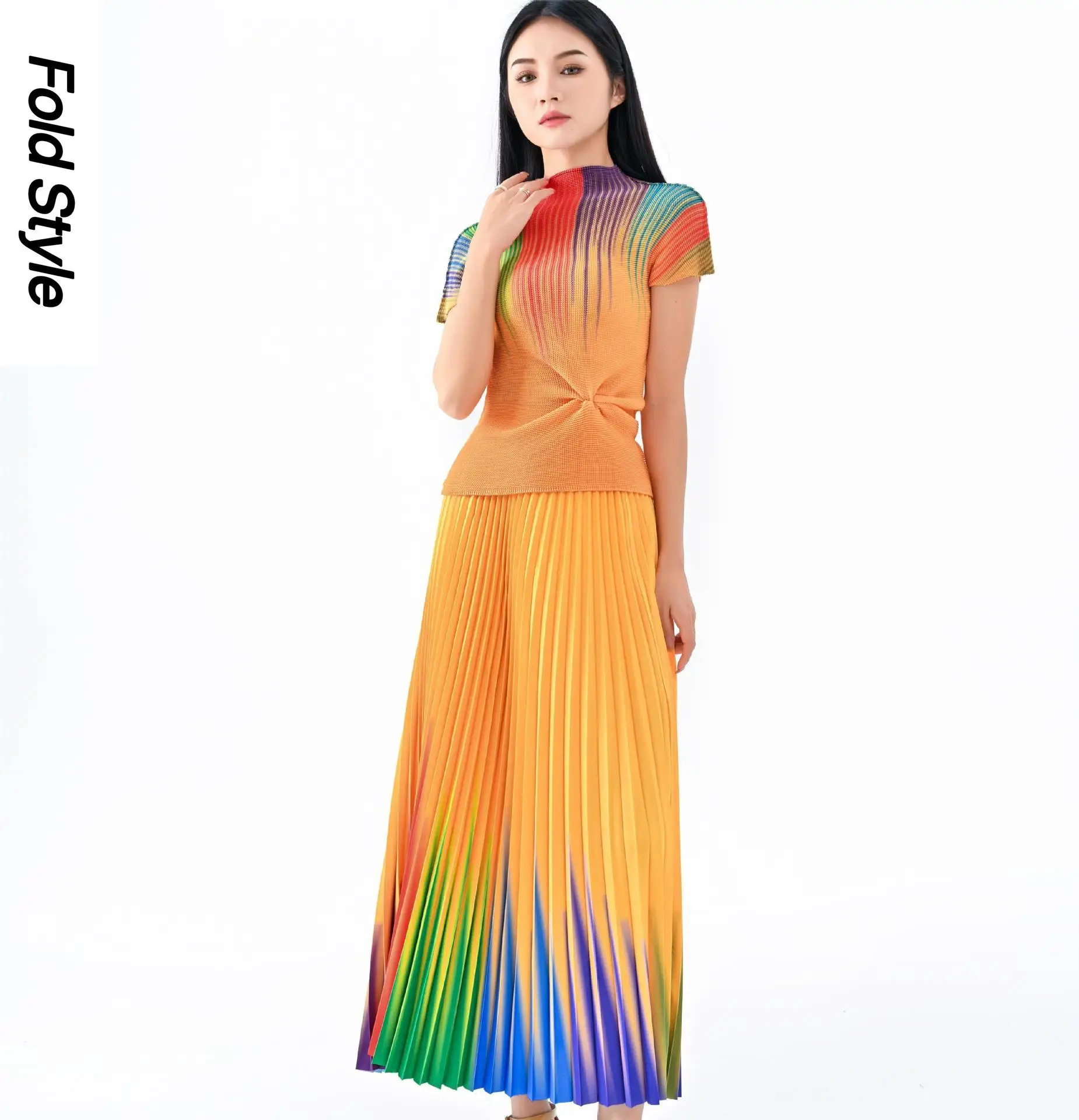 

Miyake Pleated Summer Corn Pleated Gradual Color Changing Short Sleeve Casual Slimming Large Pleated Skirt Pleated Set for Women