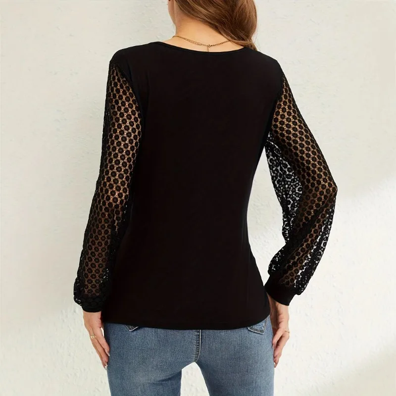 2026 New Fashion French V-Neck Women's Lace Stitching Hollow Long Sleeve T-Shirt Elegant Solid Color Lantern Sleeve Blouse Top
