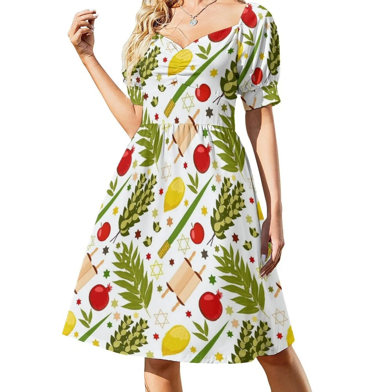 thumbnail image 1 of Vestido de manga corta con patrón de Sucot para mujer, vestido de verano largo para mujer, falda de verano diaria, 1 of 7