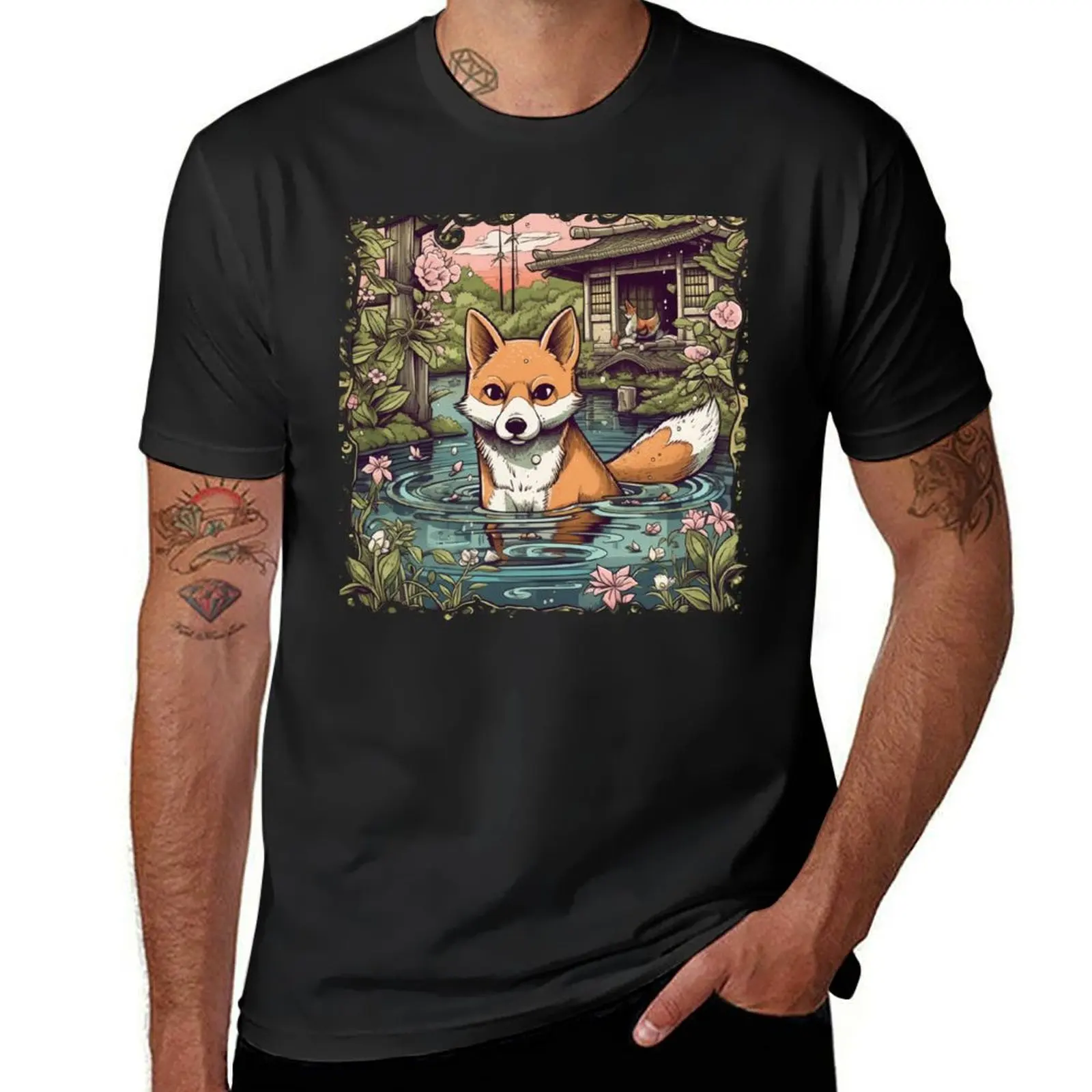 

Japanese dog Shiba Inu water pond garden T-Shirt korean fashion sublime anime customs mens clothing