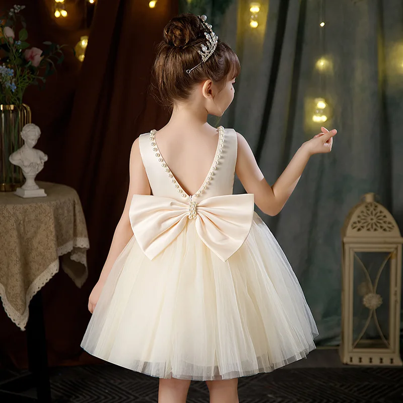 

2023 Flower Girls Luxury Pearls Party Dresses for Junina Eid 3-12Y Kids Pink Top Ceremony Wedding Prom Costume Children Clothes