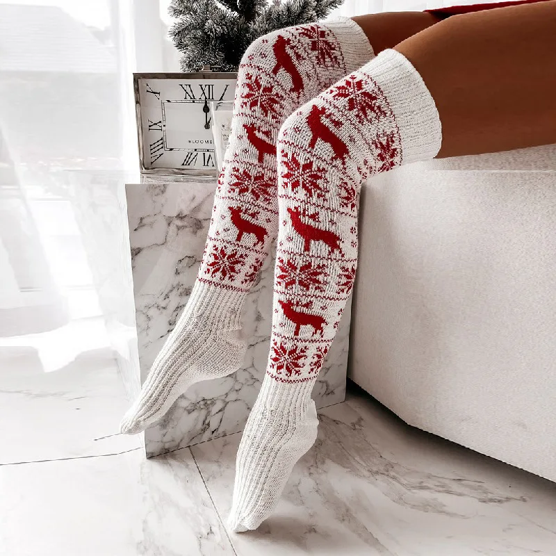European and American Autumn and Winter Christmas Snowflake Elk Long Knitted Over The Knee Bunching Socks Women