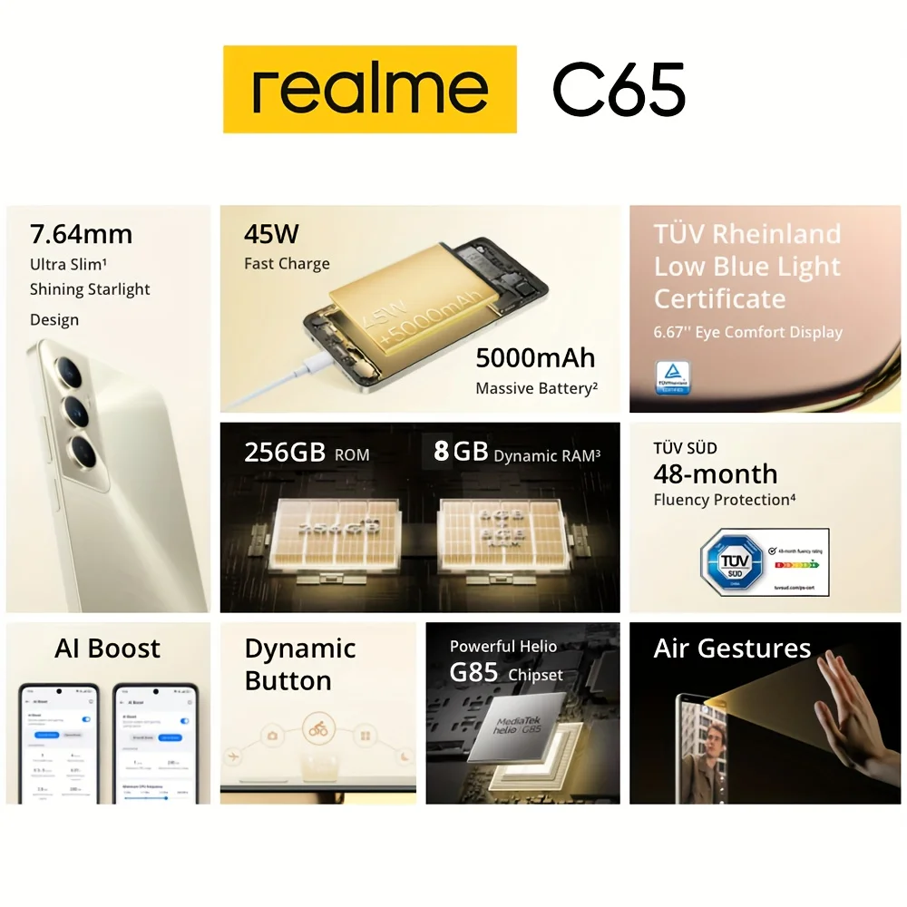 Realme C65 6.67 بوصة 8 + 256 جيجابايت Helio G85 An...