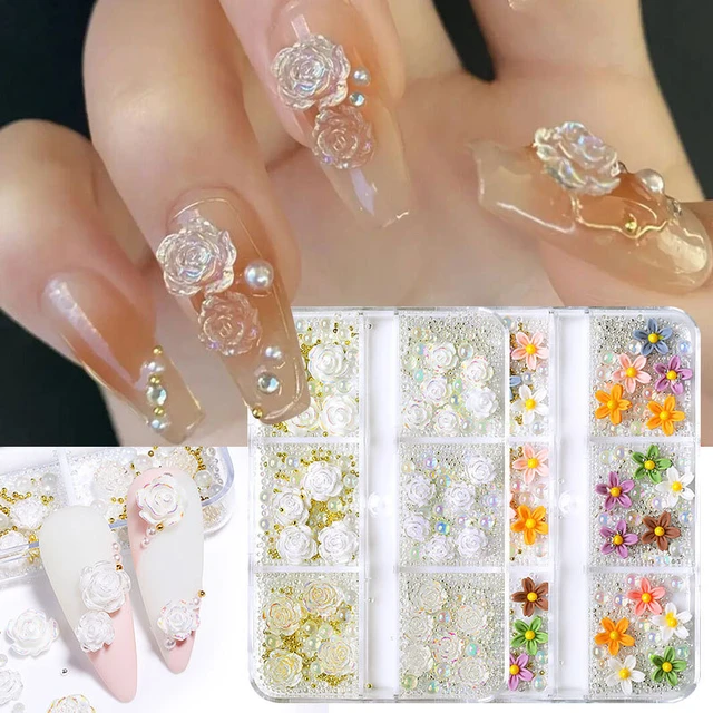 6 Grids Acrylic Flower Nail Charms 3D Resin Flower Nail Art