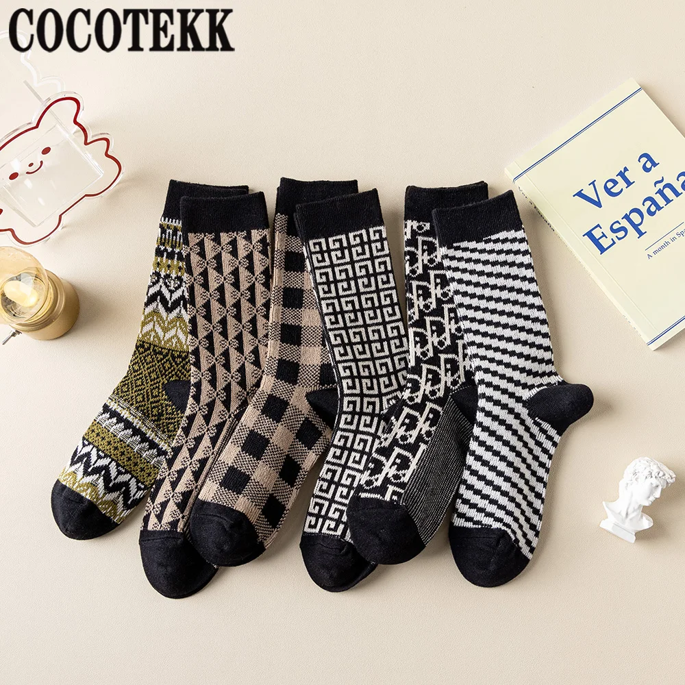 

New Retro Thick Line Double Needle Fashion Style Combed Cotton Women's Socks Vintage Thickened Warm Trend Street Casual Home Sox