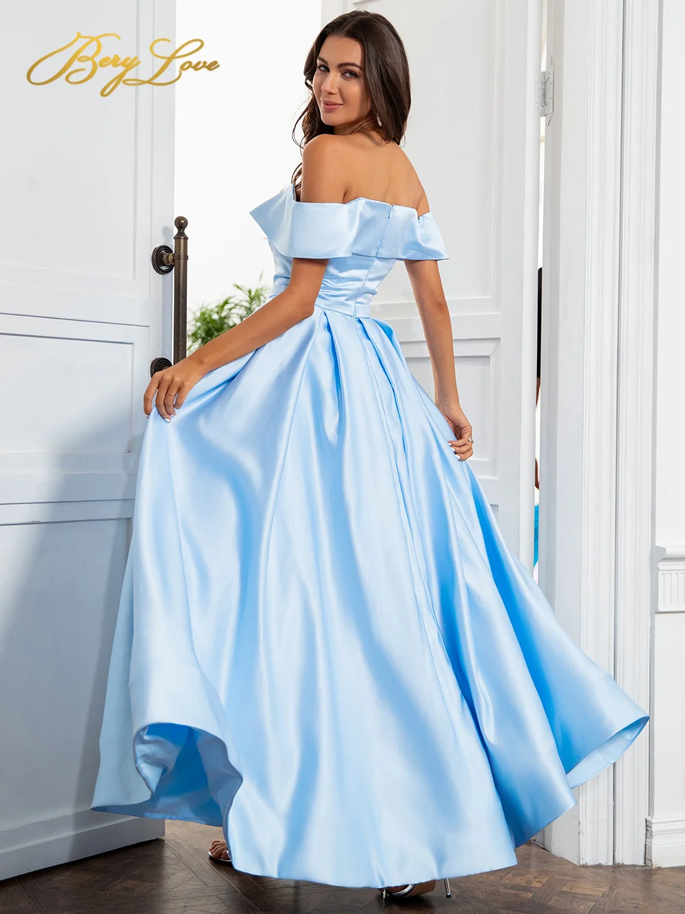 Off Shoulder Satin Evening Dresses Long Sexy High Slit Evening Gown Elegant High Waist Prom Dress Robe De Soiree