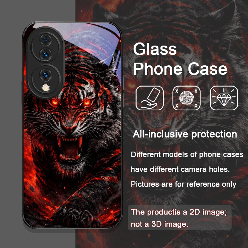 Fashion Animal Tiger Flame Printed Tempered Glass Phone Case