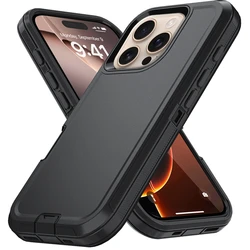 Rugged Shockproof Phone Case with Bracket and TPU Cover - iPhone 15 Pro Max (Black - Black)