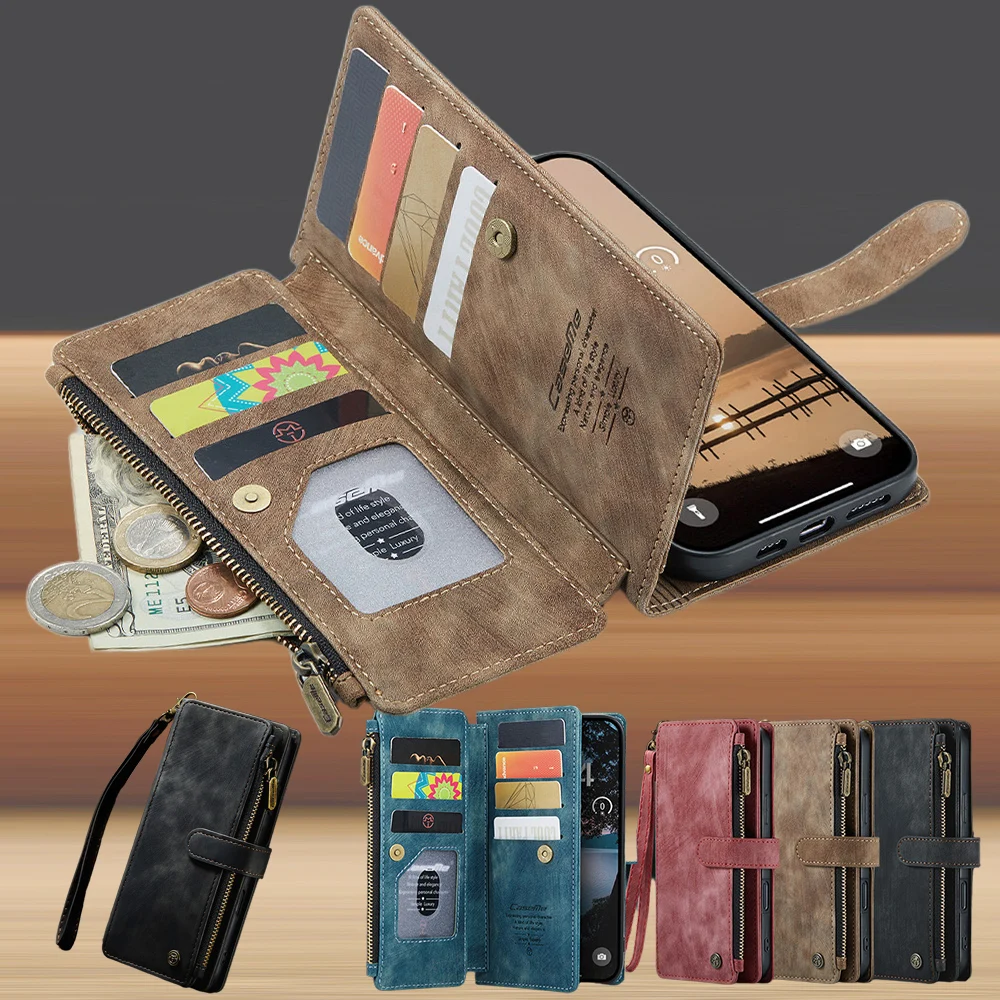 Zipper Flip Wallet Leather Phone Case with Lanyard and Wireless Charging Capability