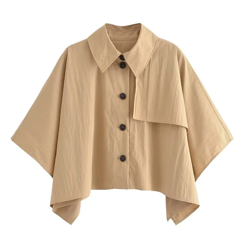 2024Women's short points-neck trench cloak solid color thin shirt top