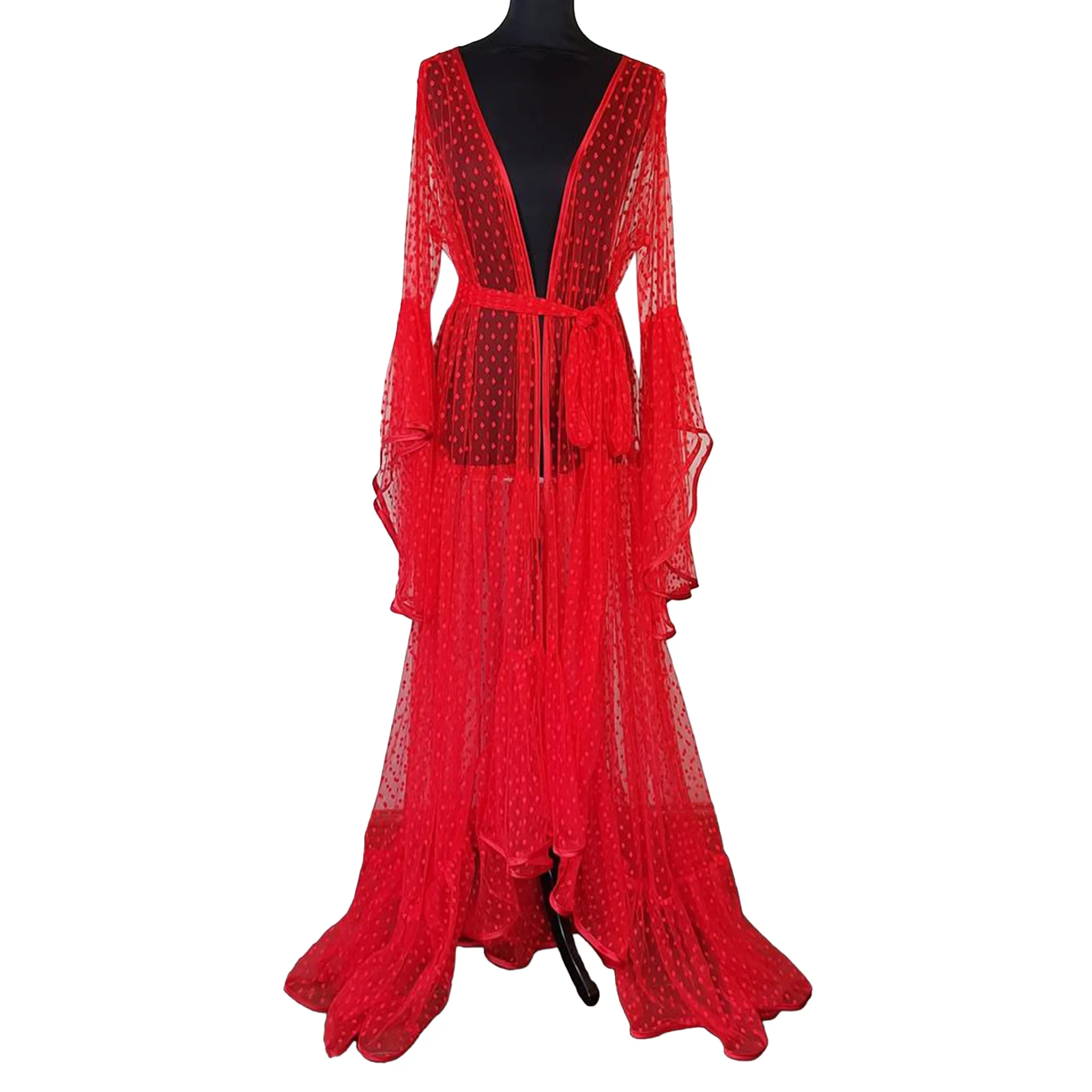 Dots Sheer Mesh Nightgown Robes for Women See-Through Sexy Long Flare Sleeve Waist Tie-up Flowy Sleepwear Dress Sleep Robe