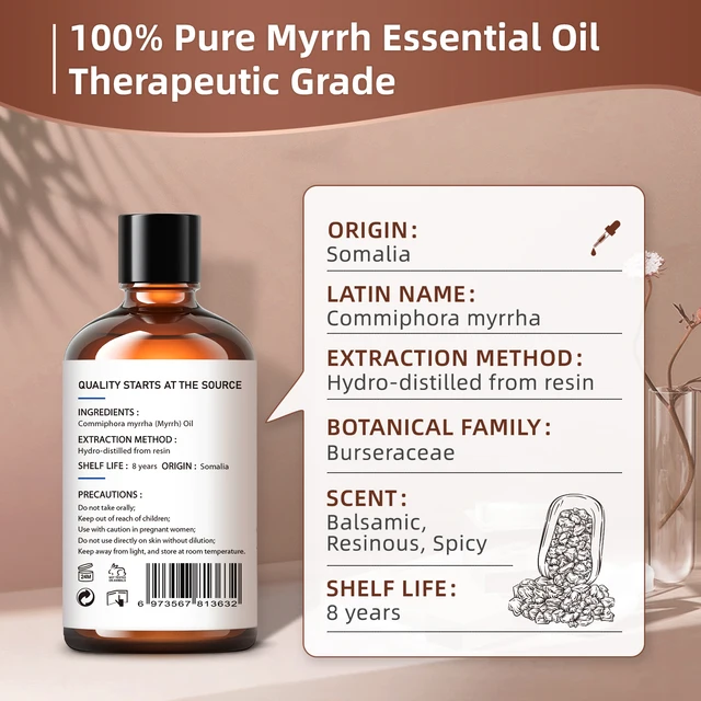 HIQILI 100ML Myrrh Essential Oils,100% Pure Nature for Aromatherapy, Diffuser, Humidifier, Massage, Relieving Stress, Fragrance - Image 3