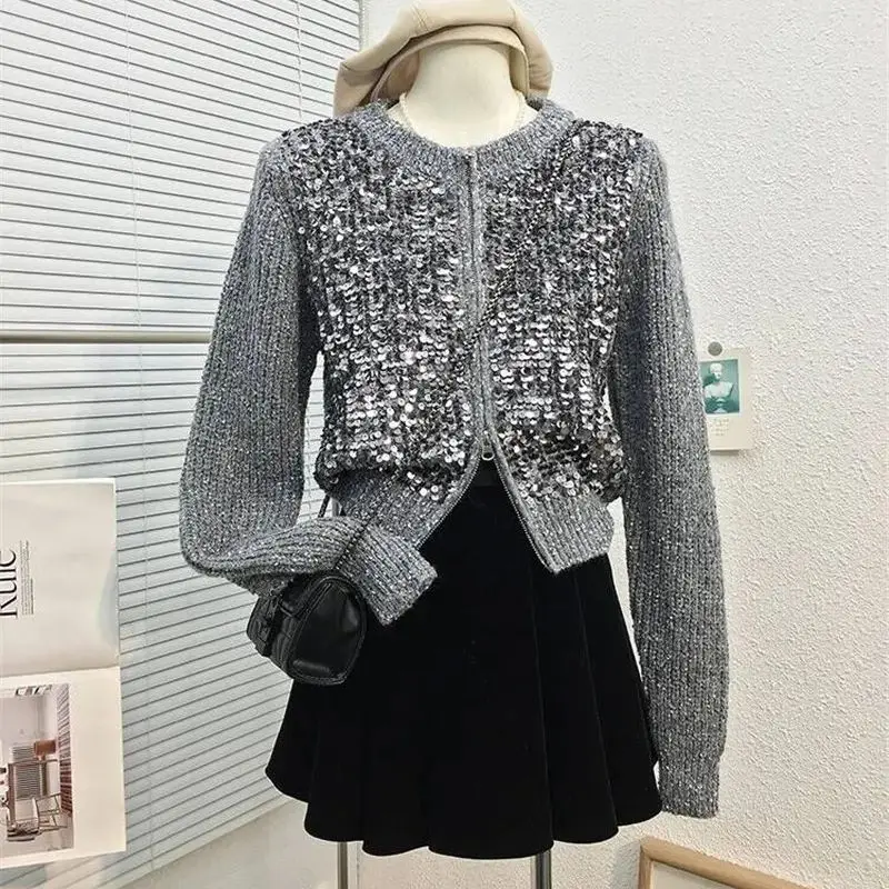 Casual Figure Embroidered Sequins O Neck Sweats