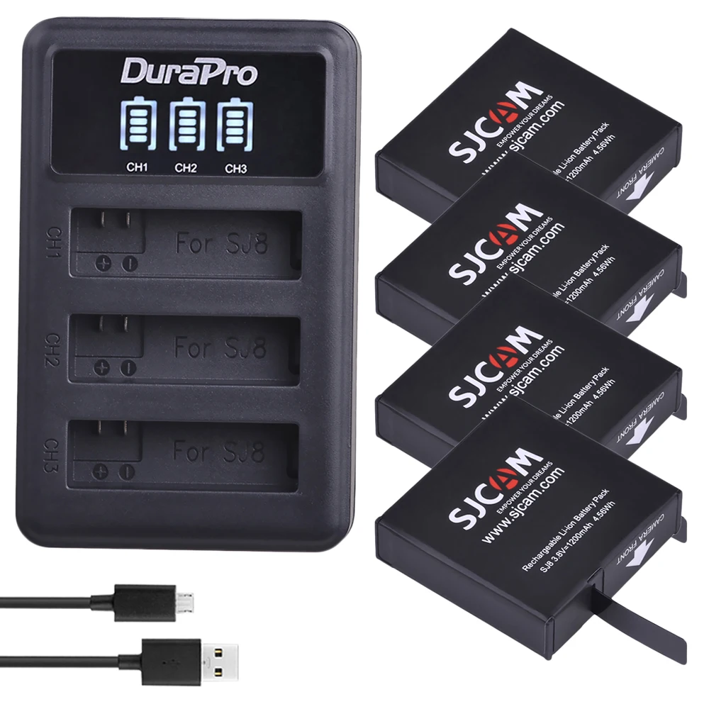 DuraPro 1200mAh SJ8 Battery Bateria + LED 3 Slots Charger for SJCAM SJ8 Air, SJ8 Plus, SJ8 Pro Action Camera Accessories