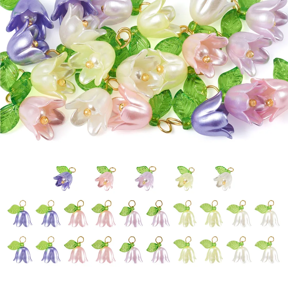 

25Pcs Lily Flower Leaf Acrylic Charms Pearl Bell Orchid Pendant For DIY Earrings Necklace Bracelet Key Chain Jewelry Accessories