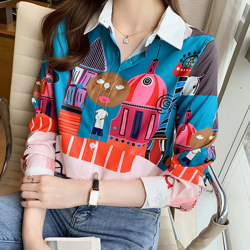 Women's Cartoon Print Korean Office Blouses for Women for Work Long Sleeve Ladies Oversized Shirt Tops with Free Shipping