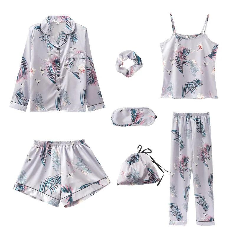 Pyjamas Women's 7 Pieces Pjs Pink Pajamas Sets Sleepwear Satin Silk Strap Lingerie Homewear Loungewear Pijamas Set For Woman