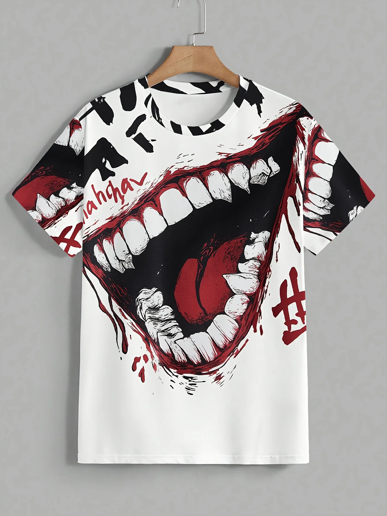 Herren-T-Shirt mit weißem Grundmuster, Horror-Großzahnteeth-Blutstropfen-Print, O-Ausschnitt, Kurzarm, Hip-Hop-Streetwear, Lässige Oberteile