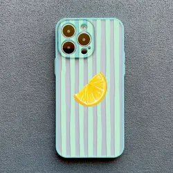 Retro Lemon Pink Blue Striped Shockproof Phone Case Cover - iPhone 12 Mini (Mint lemon)