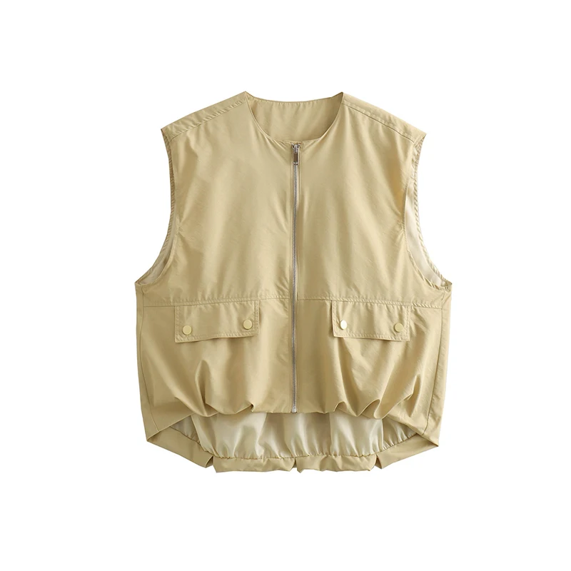 TRAF Women's Cropped Waistcoat Fashion O Neck  Zipper Vest Women Sleeveless Loose Vests Coats Female Chic Tops 5