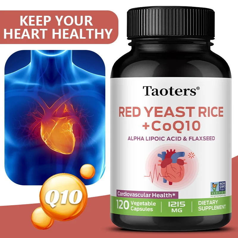 Red yeast rice 1215 mg + coenzyme q10, support heart, cardiovascular health, balance blood sugar, 30/60/120 capsules