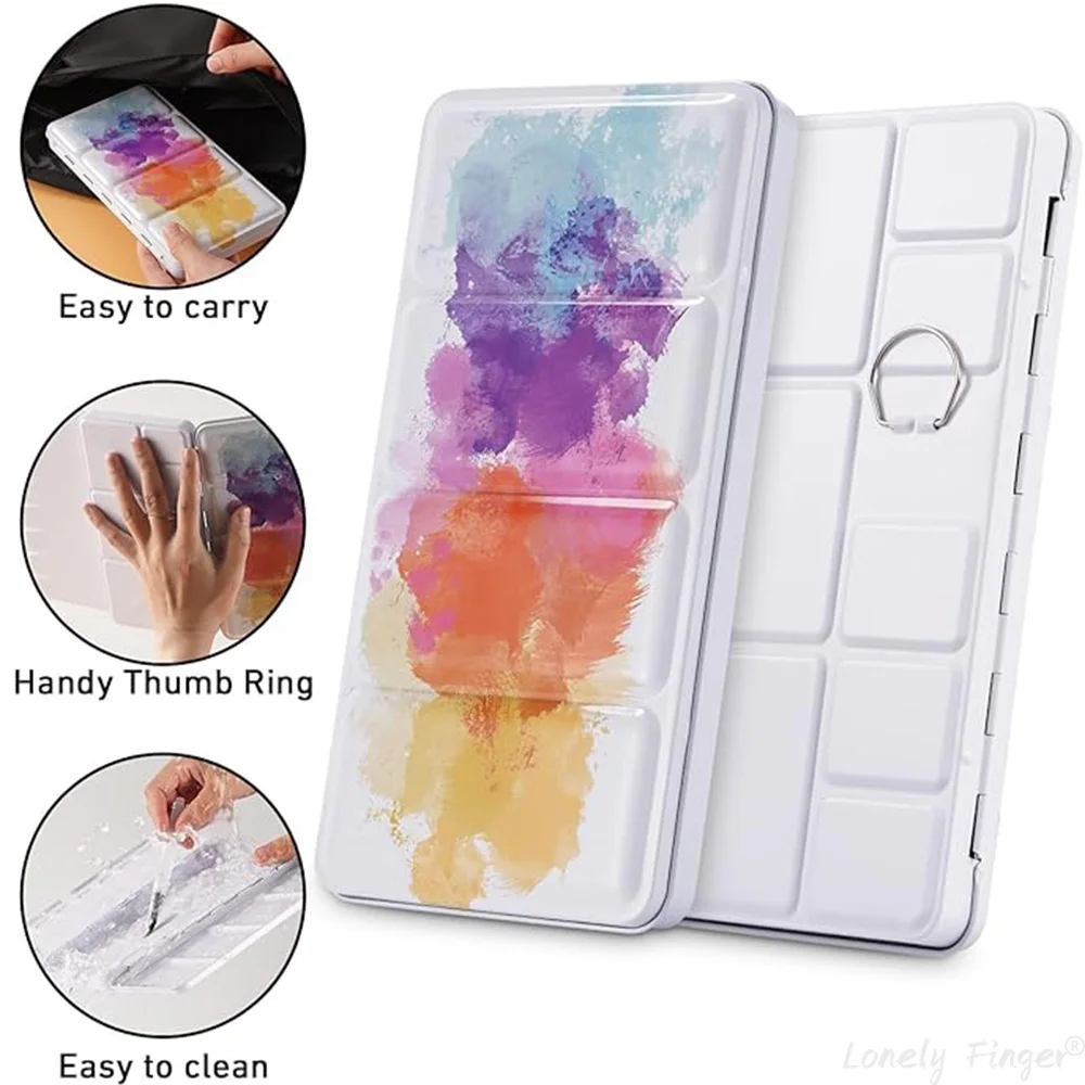 52개의 빈 반 팬과 1개의 물 펜이 포함된 금속 수채화 주석 상자 - 접이식 혼합 트레이 - 휴대용 여행용 수채화 팔레트